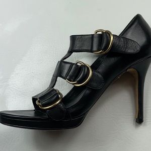 Cole Haan Gold Buckle strappy leather black heels